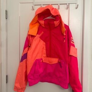 Obermeyer Neon Pink Orange Colorblock Men’s Skiing Hooded Jacket